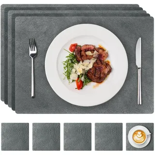 ZYNERY 5er Set Rechteckiges Tischsets Abwaschbar und Quadratische Untersetzer, Platzset Leder Abwaschbar Doppelseitigen, Lederoptik Platzdeckchen Abwischbar für Küche & Esszimmer (Dunkelgrau)