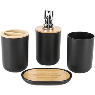 Yuecoom 4-teiliges Modernes Schwarz Badezimmer-Zubehör-Set, bestehend aus Seifenspender, Zahnbürstenhalter, Zahnputzbecher, Seifenschale - Bad Accessoire Set für modernes Badezimmer