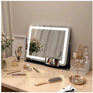 Homcom Schminkspiegel mit Beleuchtung, LED Kosmetikspiegel mit 3 Lichtfarben, Tischspiegel mit 10X Vergrößerung, USB-Ladeanschluss, Schwarz