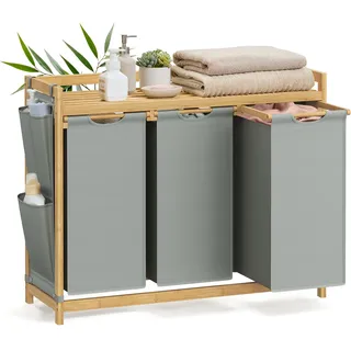Songmics Wäschekorb 3 Fächer, Bambus, Wäschesammler 150 L, Wäschesortierer, mit Ablage, Wäschesack, kleine seitliche Taschen, Wäscheregal, 3 x 50 L, 94 x 33 x 78 cm, taubengrau RLH115G01
