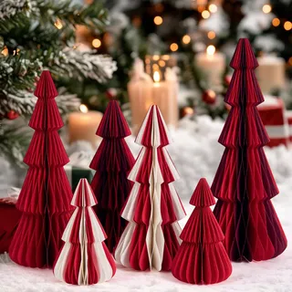 SUNBEAUTY 6 Stück weihnachtsdekoration Tischdeko roter 3D Papier Weihnachtsbaum Waben Papiertannenbäume Wiederverwendbar Christmas Baumschmuck Deko für Esstisch Schrank Fensterbank Kaminsims