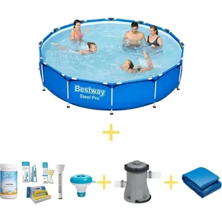 Bestway Pool - Steel Pro - 366 x 76 cm - Inklusive WAYS Wartungspaket, Filterpumpe & Bodenplane - Blau