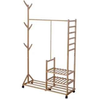Relaxdays Kleiderständer, Bambus, 4 Ablagen, Kleiderstange, 6 Haken, HxBxT: 176 x 100 x 38 cm, Rollgarderobe, Natur