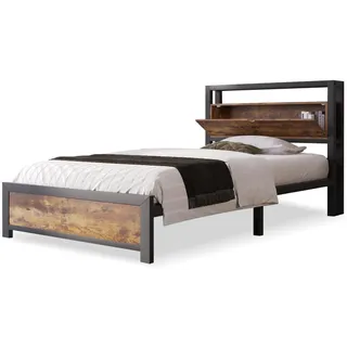 Stilvora Metallbett 90/200 cm in Natur mit Stauraum-Kopfteil und Metalllattenrost Industrial Design , Schwarz , 3 Fächer , 90x200 cm , Schlafzimmer, Betten, Metallbetten