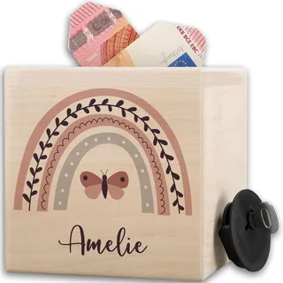 Shirtracer Spardose Holz personalisiert Boho Regenbogen Name | Holz, 10x10cm, Bunt, Wolken, Sparbox, Taschengeld, Geldgeschenk, Kinder, Mädchen, Jungen, Natur, Wunscherfüller, Deko