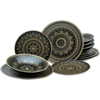 CreaTable 23588, Serie MANDALA GOLD schwarz, 12-teiliges Geschirrset, Teller Set aus Steinzeug, spülmaschinen- und mikrowellengeeignet, Qualitätsproduktion