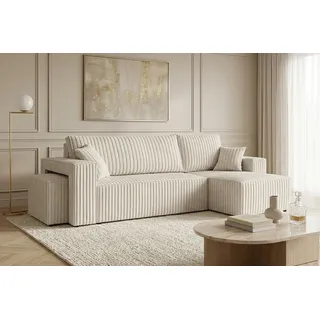 Kaiser Möbel Ecksofa mit Schlaffunktion und Pouf, Cordstoff Tilia, Ecru, Rechts, BEST L mit Pouf - Beige
