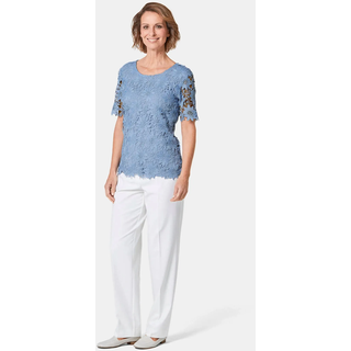 Kurzarmbluse GOLDNER "Kurzgröße Festbluse mit floraler Spitze", Damen, Gr. 20, blau (regattablau), Obermaterial: 100% Polyester PES., festlich, normal, Rundhals, Sonstiges, Blusen Kurzarmbluse, Ohne