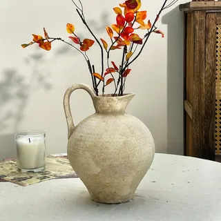 JIDOFUE Weiße rustikale Keramik Gelb Vase Vintage Blume Vase,Keramik Terrakotta Hoher Boden Bauernhaus Rustikal für Minimalismus Home Decor Mittelstück