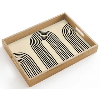 OnlyWow© Holztablett Küchentablett Servier Tablett Eiche Serviertablett | 40x30 cm - Rechteckig - Holz Servierplatte Mit Henkel Tray Kaffeetablett Bogenformen - Schwarz - Schlank