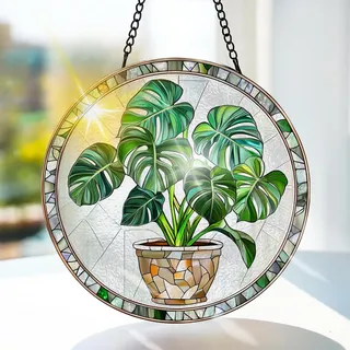 Bimkole Pflanze Buntglas Sonnenfänger Fensterschmuck hängend - Pothos Fensterdeko Hängend - für Garten, Fenster und Tür, Weihnachten, Handgefertigter Sonnenfänger Dekor 20x20 cm