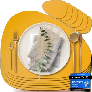Mahewa® 6er Set Premium Tischset aus Kunstleder - Platzset abwaschbar und wasserdicht - Platzdeckchen Telleruntersetzer in Lederoptik (Senfgelb, Oval)