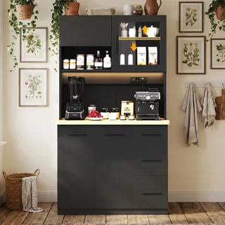 JUMMICO Buffetschrank, 100 x 40 x 182(H) cm, Küchenschrank mit 2 Steckdosen und LED Streifen 3000K, Küchenbuffet mit verstellbaren Einlegeboden und Arbeitsplatte 24 mm, Schwarz