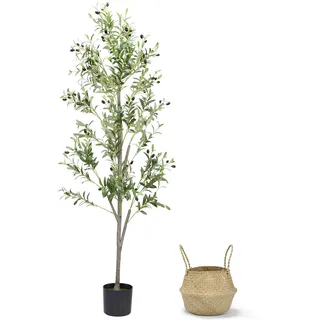 Alyvisun 180cm Künstlicher Olivenbaum mit Geflochtenem Korb, Kunstbaum Outdoor mit Naturgetreuen Olivenzweigen und Zementgewicht Sowie Verstärktem Bodenfuß, für Dekoration von Wohnzimmer, Schlafzimmer