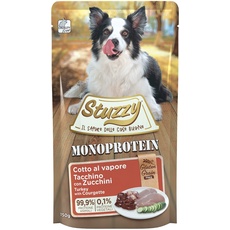 Stuzzy, Monoprotein Grain & Gluten Free, Nassfutter für Erwachsene Hunde, Geschmack Truthahn und Zucchini, in Pastete - insgesamt 1,8 kg (12 Beutel x 150 g)