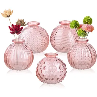 ELEGANTTIME Einzelne Glasvase rosa Glasvasen für Tafelaufsätze, Dekoration, Glas, Blumenvase, Flasche mit Krokdraht, Eisengriff, Design, perfekt für Cafés, Bürotisch, Haus und Garten