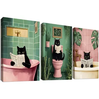 3Pcs Lustige schwarze Katze Leinwand Bilder Set Mit Rahmen Kätzchen Katze Baden Bild auf Leinwand Malerei Rosa Grüne Pflanzen Wandposter Wandbilder Badezimmer Badewanne Toilette Wanddeko 30x40cm x3pcs