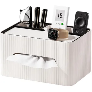 KINGFOM Kosmetiktücherbox aus PU Leder mit Ablage, Rechteckige Taschentuchbox mit 2 Fächern – Moderne Tissue Box Taschentuchspender für Wohnzimmer, Badezimmer & Büro, Tücherbox Organizer (Weiß)