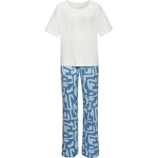 Pyjama S.OLIVER, Damen, Gr. 32/34, blau (hellblau, dunkelblau gemustert), Single Jersey, Obermaterial: 50% Baumwolle, 50% Viskose, gemustert, lässig geschnitten lang, Rundhals, angeschnitten abgesteppte Kante, Homewear-Sets Pyjama, mit grafischem Print