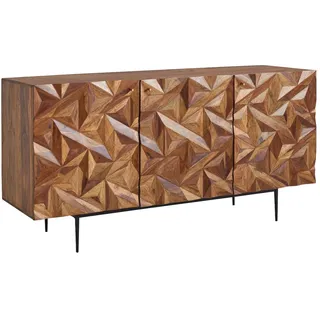 FineBuy Sideboard 145cm Sheesham Kommode mit 3 Türen Retro 3D Design Metall schwarz