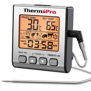 ThermoPro Digitales Fleischthermometer Grillthermometer Bratenthermometer Ofenthermometer mit Timer und Hinterbeleuchtung Temperaturbereich bis 300°C Küchenthermometer für BBQ Grill Smoker