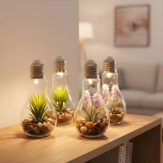 4er Set Sukkulenten Glühbirne Glas je B x H 8 x 19cm Deko LED Lampe Kunstpflanze - Grün, Rosa, Bunt, Transparent