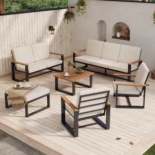 Flieks Gartenloungeset 6-tlg., Gartenmöbelset mit Tisch, Gartensofa mit Kissen, Balkonmöbel Set 8 Personen, Gartengarnitur Sitzgruppe Terasse - Schwarz