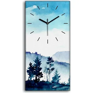 Wanduhr Uhr Wandbild Leinwand 30x60 Foto für das Wohnzimmer Aquarell Berge - schwarze Hände - Blau