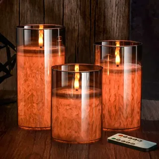 MOZC LED kerzen flackernde flamme, Flammenlose Kerzen mit Timerfunktion im Glass, Elektrische Echtwachskerzen mit Fernbedienung, 3 teilige LED Kerzen für Deko Schlafzimmer, Badezimmer Deko (Grau)
