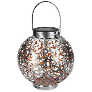 Navaris Metall LED Solarlaterne außen - Tragegriff - 16cm - cooler Schatteneffekt - Orientalische Garten Solar Laterne - Gartendeko Lampe Silber