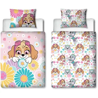 Offizieller Paw Patrol Kinder-Bettbezug für Kinderbett, Blumen- und Skye-Design, wendbar, 2-seitige Bettwäsche mit passendem Kissenbezug, Polycotton