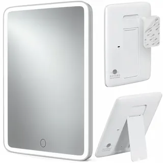Mavoro 22,5x17,5 cm LED Reisespiegel, wiederaufladbar | Kleiner Wandspiegel mit Klebepad (Peel & Stick) | Beleuchteter Spiegel zur Wandmontage | Schminkspiegel aus Echtglas mit Touchsensor & Standfuß