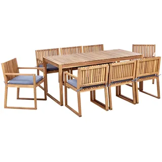 Beliani Gartenmöbel-Set 8-Sitzer Heller Holzfarbton Sassari Ii , Hellbraun, Blau , Gartenmöbel, Gartengarnituren, Gartenmöbel-Sets
