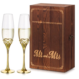 NUPTIO Herz Sektgläser Hochzeitsgeschenke Gold: Set von 2 Sektglas Kristall mit Holz Geschenkbox Hochzeit Jahrestag Champagner Glas