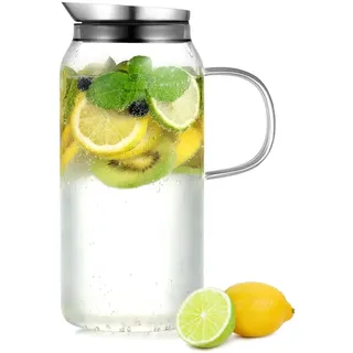 ecooe Glaskaraffe 1.5 Liter Wasserkaraffe Karaffe Glas mit Edelstahl Deckel, Glaskrug aus Borosilikatglas Wasserkrug Glaskanne für Heißes/Kaltes Wasser, DIY Getränke, Saft, Milch,Tee, Kaffee