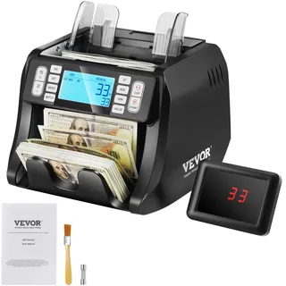 VEVOR Geldzählmaschine, Banknotenzähler mit UV-, MG-, IR- und DD-Falschgelderkennung, USD- und EUR-Geldzählmaschine mit Additions- und Batch-Modus, Großes LCD & Externes Display