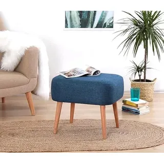 Atelier Del Sofa Skandinavischer Blauer Pouf, 50 x 43 x 42 cm | 50% Baumwolle & 50% Leinen, 5 cm orthopädischer Schaumstoffkern, Holzbeine | Stilvolles und bequemes Accessoire für Moderne Wohnräume