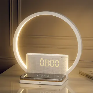 RETEYUNG Nachttischlampe mit 10W Kabelloser Ladefunktion,2 Wecker Tischlampe,Tageslichtwecker mit 10 Beruhigender Klang, Nachttischlampen Touch Dimmbar 3 Helligkeitsstufen (Art Deco)
