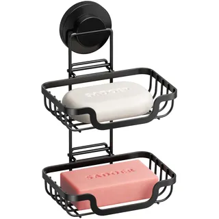 TAILI Dusche Seifenschale mit Ablauf, MAX Halten 5 KG, Edelstahl Seifenschalen ohne Bohren, Badezimmer Seifenhalter Wandmontage, Doppelter Seifenhalter mit Saugnapf, Schwammhalter, Schwarz