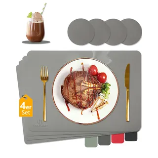HELI MIAO Tischsets Abwaschbar,Platzsets Abwischbar, Leder,Hitzebeständig Doppelseitigen I 4er Set Platzdeckchen Lederoptik mit Untersetzer,Tischuntersetzer rutschfest,Hellgrau