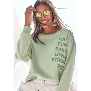 Sweatshirt BUFFALO, Damen, Gr. 36/38, grün (jade), angeraute Sweatware, Obermaterial: 60% Baumwolle, 40% Polyester, unifarben, bequem hüftlang, Rundhals, Rippbündchen, Sweatshirts Sweatshirt, mit Statement Druck, Loungewear