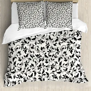 ABAKUHAUS Blatt Bettbezug, Monochrome Scroll-Muster, Milbensicher Allergiker geeignet mit Kissenbezügen, 155 cm x 220 cm - 80 x 80 cm, schwarz Creme - Schwarz