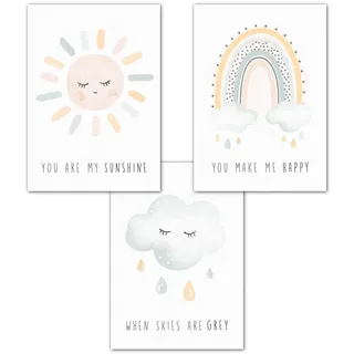 Lemmami Papeterie 3er Set Wandbilder Kinderzimmer Babyzimmer Poster Bilder DIN A4 Mädchen Junge Boho Deko Dekoration Regenbogen Sonne Wolke (3er Bilder Set Rosa Blau, Pastell, Wanddeko)