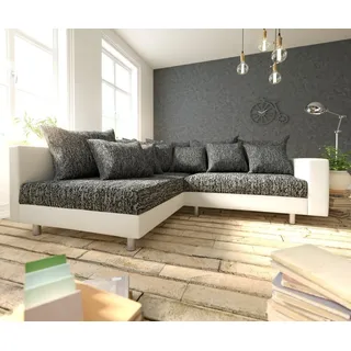 DELIFE Ecksofa Clovis Weiss Schwarz Armlehne Ottomane Links Modulsofa - Schwarz, Weiß