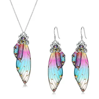 Clearine Schmuckset mit Schmetterling Flügeln Simulation Insekten Feenflügel Anhänger Halskette und Ohrringe Set für Damen Bunt Silber-Tone