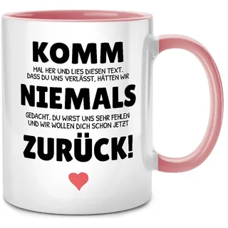 SENESS Komm niemals zurück Tasse mit Spruch lustig, Abschiedsgeschenk Kollegen Jobwechsel, Lieblingskollegin Abschied, Beste Kollegin Geschenk, Rente Ruhestand, Kaffeetasse Team Büro Arbeit