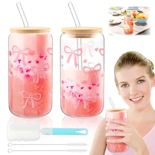 2 Stück Trinkbecher mit Deckel und Strohhalm Multifunktional Matcha Gläser | Trinkglas mit Strohhalm und Deckel Glas mit Strohhalm Trinkglas für Tee Iced Coffee Cocktails Teenager Mädchen Geschenke