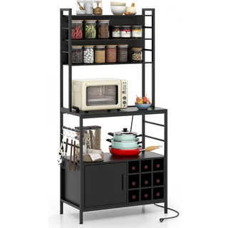 COSTWAY 170 cm hohes Küchenregal mit Steckdose, Kaffeebarschrank mit S-förmigen Haken, Weinflaschenhaltern & robustem Metallrahmen Schwarz - Schwarz