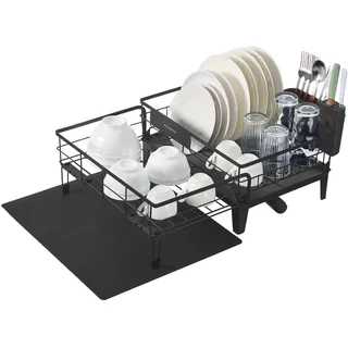 Abtropfgestell Geschirr, ausziehbarer Geschirr-Abtropfständer, drehbarer und ausziehbarer Ablauf, Silikonmatte, (31-56) x 42 x 20 cm, schwarz - Schwarz