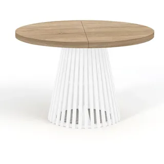 dekori.interiors Runder Ausziehbarer Tisch für Esszimmer, DOVER - Industrial/Loft Still mit Lamellenbeine, Durchmesser: 90 / 140 cm, Farbe: Eiche Weiß Holz, Rund, 90x77x140 Tische, Esstische